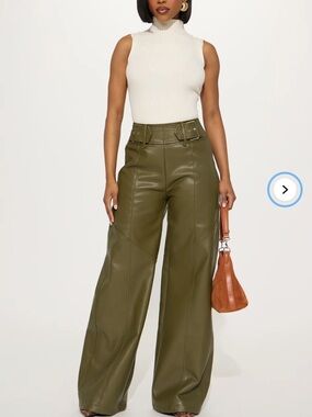 Wide Leg High-Waist Faux Leather Pants in Olive